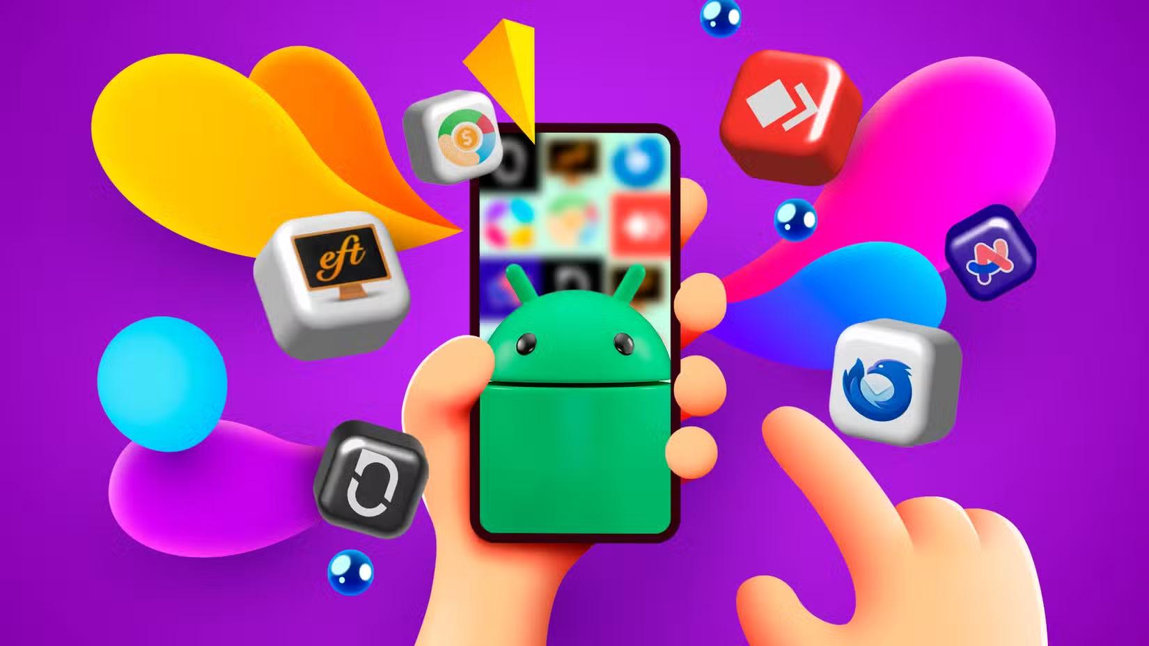 illustration-of-a-hand-holding-a-phone-with-the-android-mascot-on-the-screen-and-several-app-icons-around-it رم موبایل