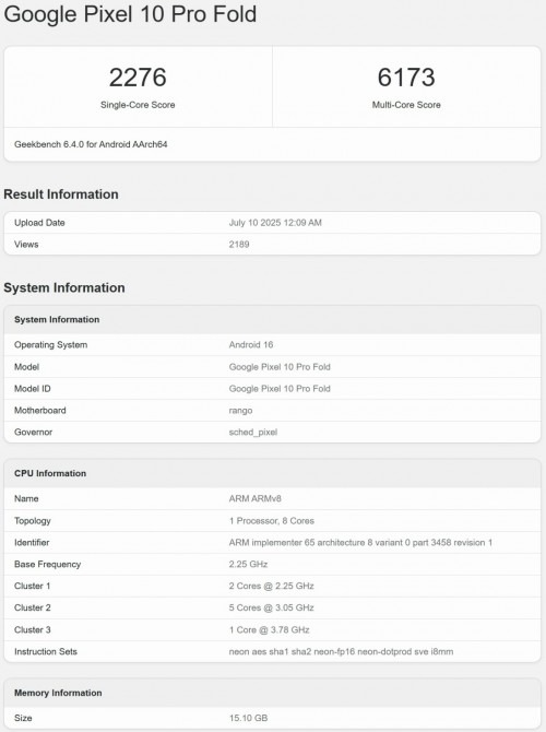 Google-Pixel-10-Pro-Fold-Geekbench Pixel 10 Pro Fold