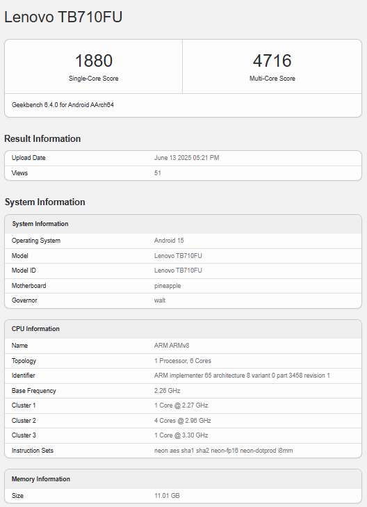 Lenovo-TB710FU-tablet-Geekbench تراشه Snapdragon 8 Gen 3