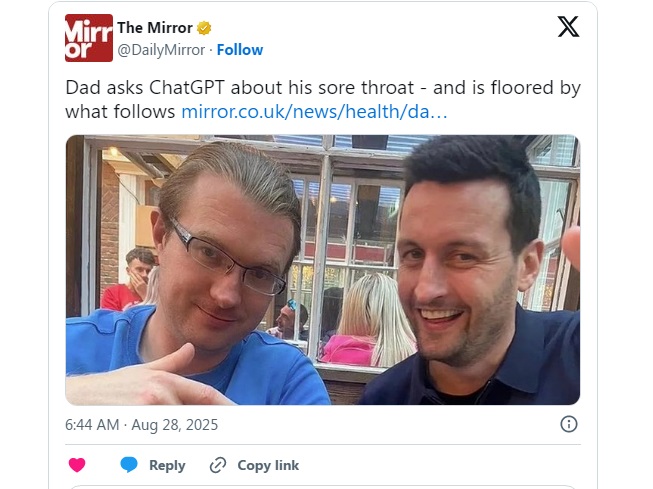 ChatGPT Convinced 37-Year-Old Psychologist His Sore Throat Was Fine Biopsy Revealed Stage 4 Cancer1 ChatGPT یک روانشناس را متقاعد کرد که گلودردش مشکلی ندارد؛ در حالی که سرطان داشت