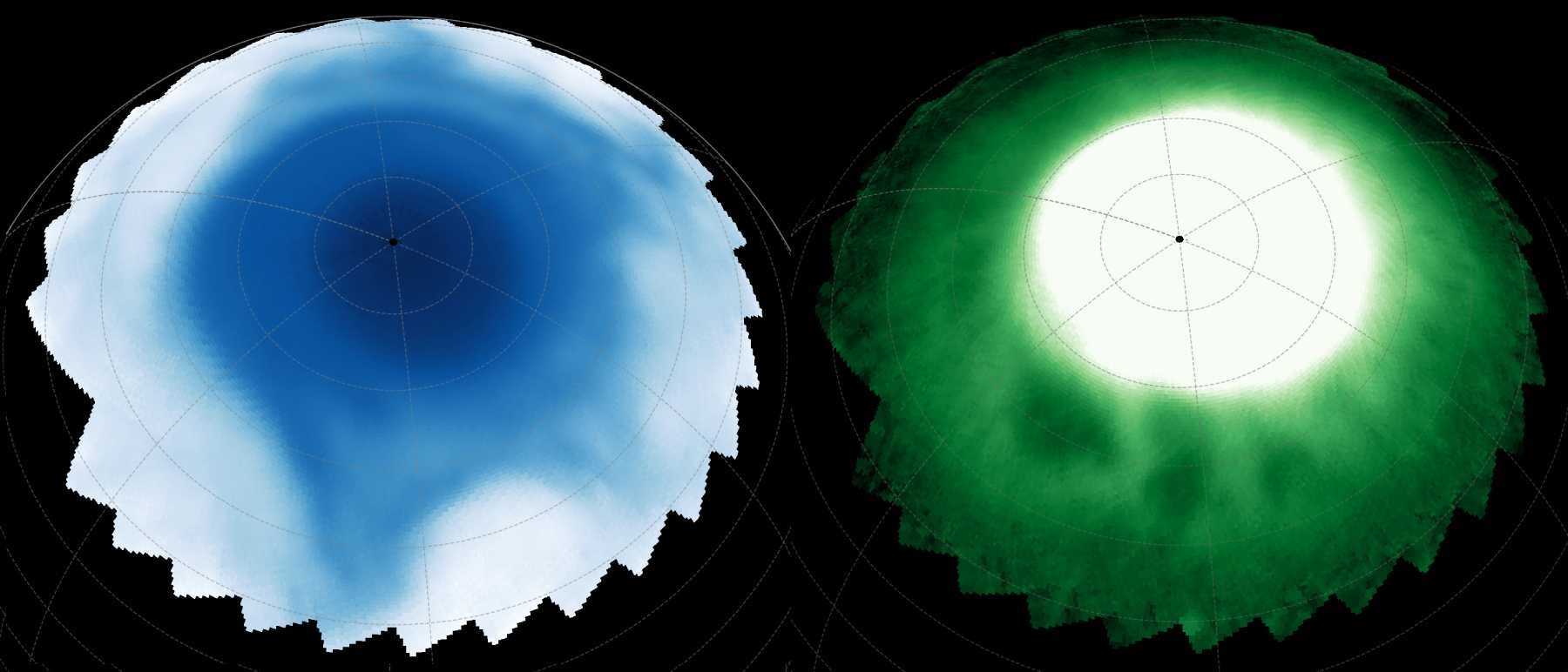 ستاره‌ی نامتقارن در استراتوسفر (سمت چپ) و مهره‌های تاریک در یون‌سپهر (سمت راست)
