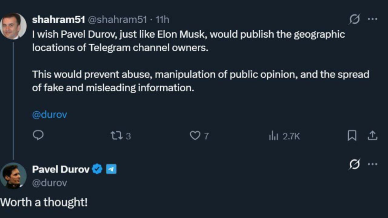 واکنش پاول دوروف به پیشنهاد کاربر ایرانی برای شبیه‌سازی قابلیت جنجالی توییتر در تلگرام - نیعان مگ